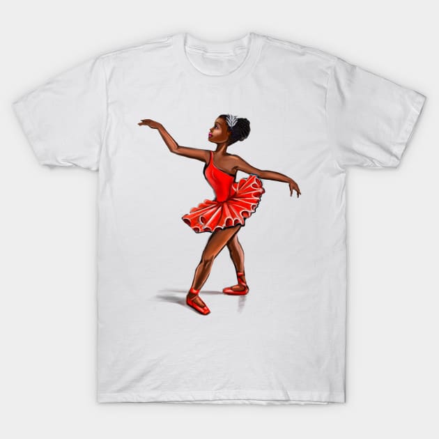 Ballet in red shoes - ballerina doing pirouette in red tutu and red shoes  - brown skin ballerina T-Shirt by Artonmytee